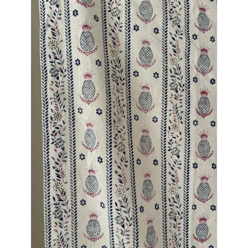 Pineapple Floral Stripe Curtain Panel Ivory Blue Pink Boho 39x57 Tab Top - Picture 3 of 7
